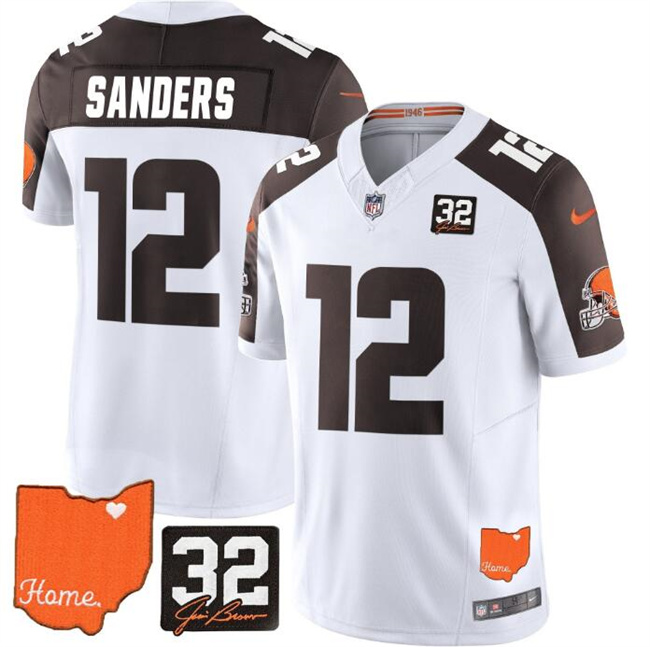 Men's Cleveland Browns #12 Shedeur Sanders White/Brown 2025 Draft F.U.S.E. With Jim Brown Memorial & Home Patch Vapor Limited Stitched Football Jersey Men's Cleveland Browns #12 Shedeur Sanders White/Brown 2025 Draft F.U.S.E. With Jim Brown Memorial & Home Patch Vapor Limited Stitched Football Jersey